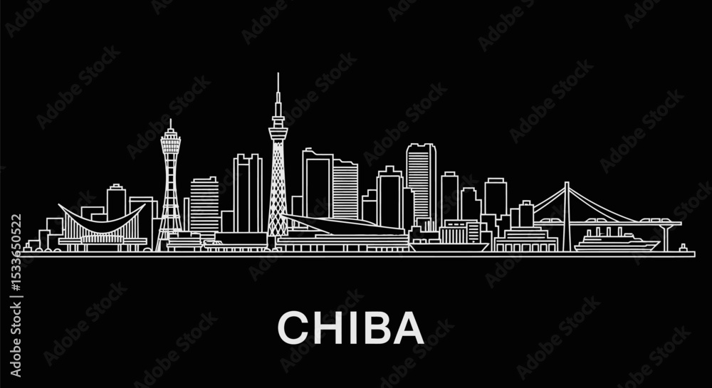 Fototapeta premium Chiba Skyline Japan Cityscape Vector Line Art.