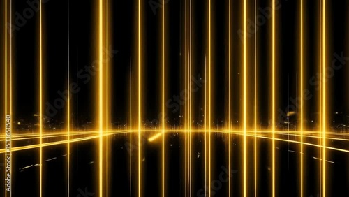 Multiple vertical golden light beams glowing brightly over black background with reflective surface below. Futuristic and abstract digital design
