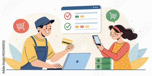 Online payment web concept with cartoon people design. Man and woman paying purchases with 