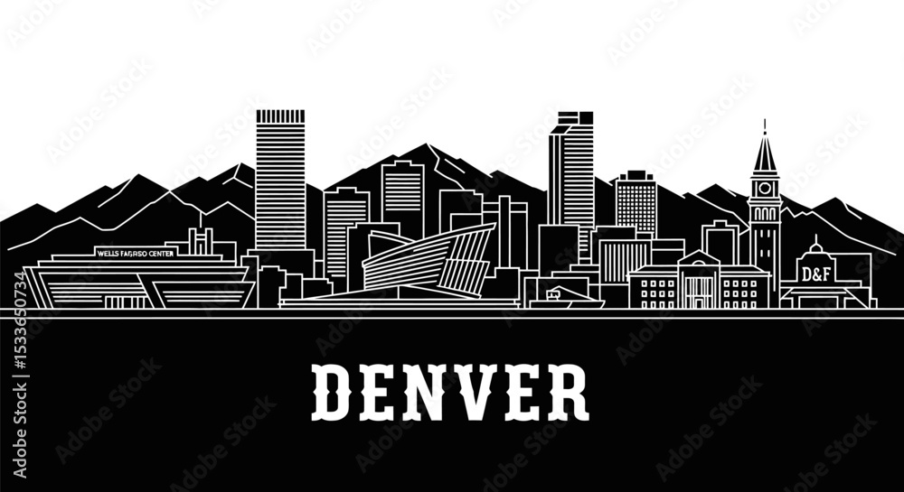 Obraz premium Denver Skyline Vector with Colorado, Mountains, and Cityscape.