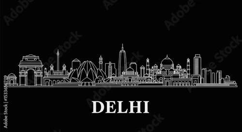 Delhi Skyline India White Outline Black.