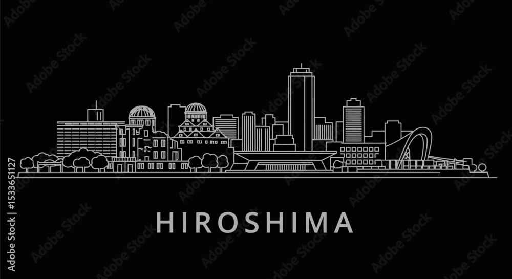 Naklejka premium Hiroshima Skyline Black and White Minimalist.