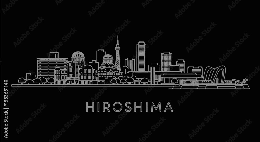 Naklejka premium Hiroshima Skyline Japan City Silhouette Outline.