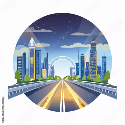 vibrant nighttime image of a glowing highway cutting through a futuristic city