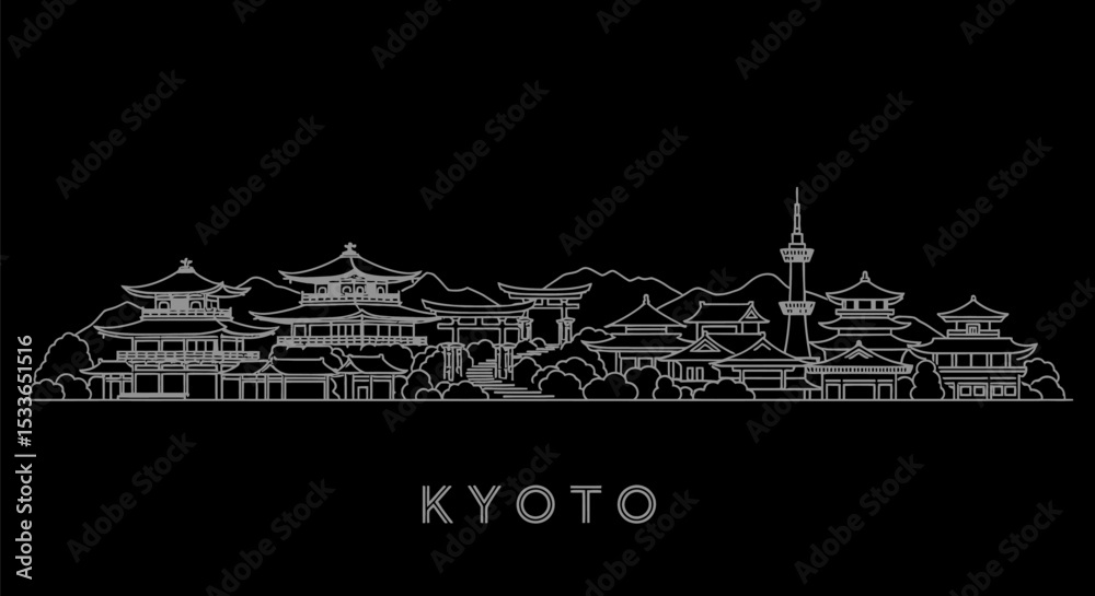 Obraz premium Kyoto Skyline Minimalist outline on black.
