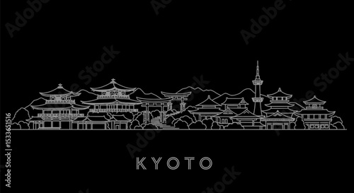 Kyoto Skyline Minimalist outline on black.