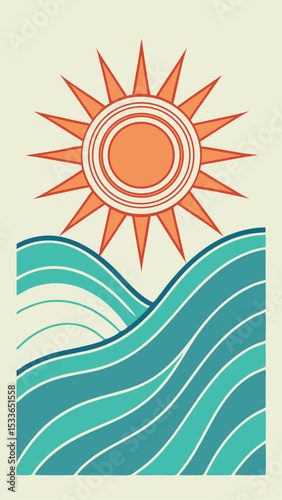 Retro illustration depicting a sunny day with waves and sunshine for design