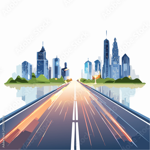 vibrant nighttime image of a glowing highway cutting through a futuristic city