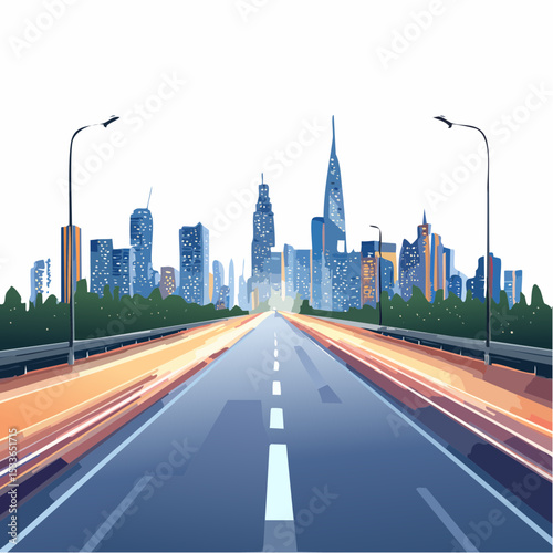 vibrant nighttime image of a glowing highway cutting through a futuristic city