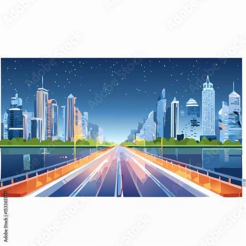 vibrant nighttime image of a glowing highway cutting through a futuristic city