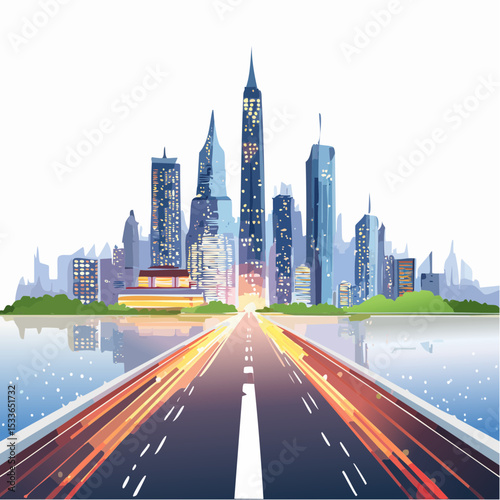 vibrant nighttime image of a glowing highway cutting through a futuristic city