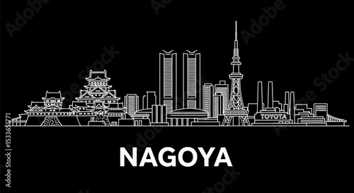 Nagoya Skyline with Japan, Cityscape, Line Art, and Minimal.
