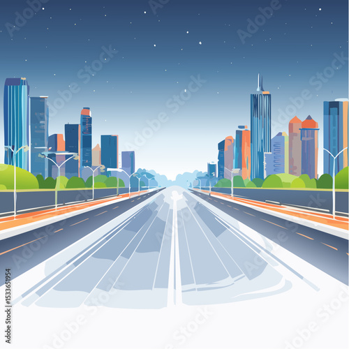 vibrant nighttime image of a glowing highway cutting through a futuristic city