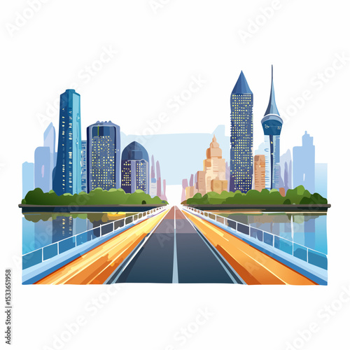vibrant nighttime image of a glowing highway cutting through a futuristic city