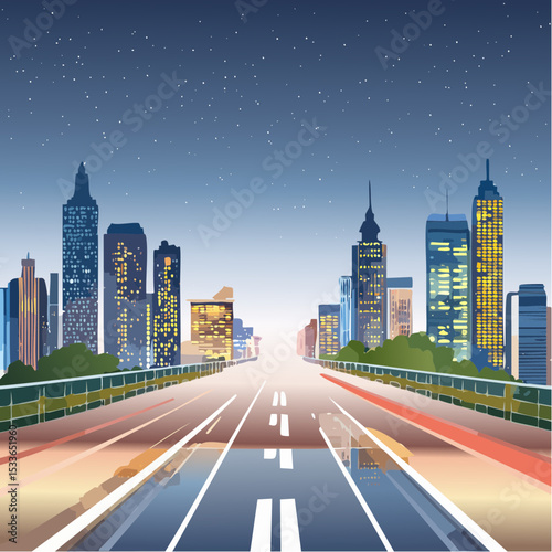 vibrant nighttime image of a glowing highway cutting through a futuristic city