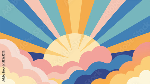 Retro sunshine and cloudscape illustration in a pastel color palette for creative designs