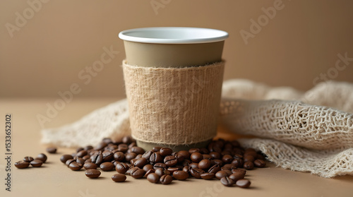 Close-up of a coffee cup wrapped in burlap on a table covered with coffee beans

