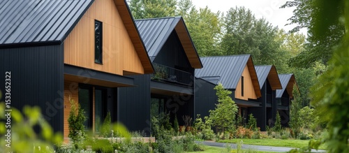 Modern homes with dark exterior and light wood accents.  Row of contemporary houses nestled amongst trees