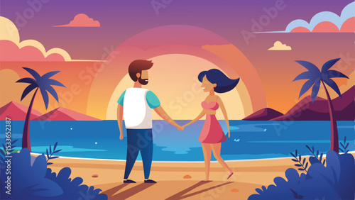 Romantic couple holding hands strolling on a tropical beach at sunset