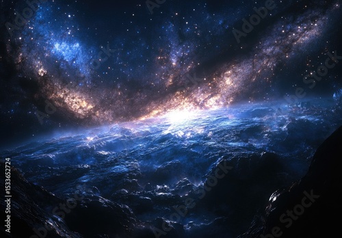 Cosmic panorama over a distant world. Vast, star-studded expanse.  Galaxy's glow over rugged alien landscape