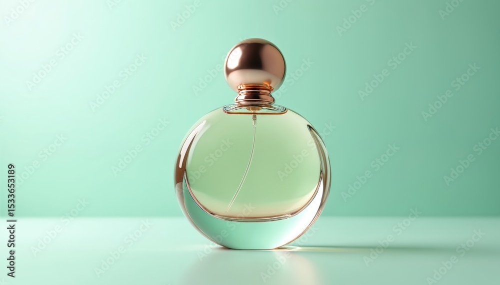 Obraz premium Elegant perfume bottle with rose gold cap on pastel green background. Transparent glass container. Fashionable design for cosmetic, beauty product, perfume shop, marketing advertisement.