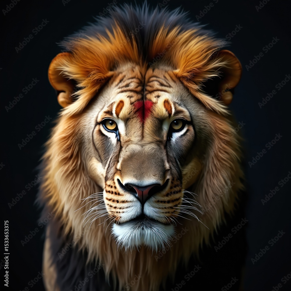 Fototapeta premium Majestic lion stares directly. Powerful predator in wild. Courageous, dominant animal with battle scars on face. Close-up portrait highlights intensity in eyes. Regal, king, pride concept.