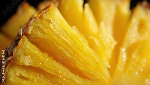 Close-up view of a fresh pineapple, showcasing vibrant yellow flesh and textured surface, highlighting natural sweetness and tropical essence in a visually appealing manner