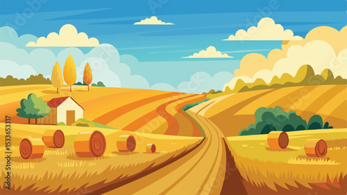 Scenic autumn landscape with hay bales and rolling fields on a clear sunny day