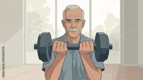 Elderly Man Lifting Dumbbell Fitness Strength Training Wellness