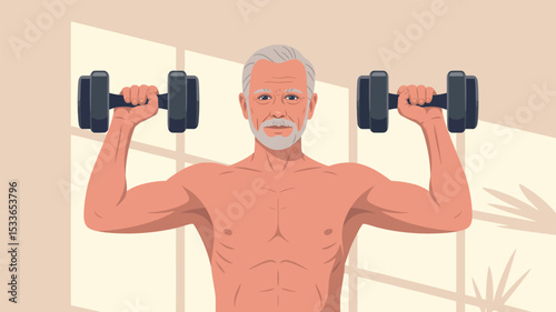 Elderly Man Lifting Dumbbell Fitness Strength Training Wellness
