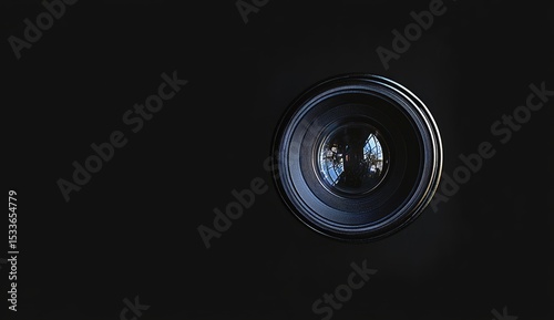 Close-up of a camera lens against a dark background.  The lens's circular shape is highlighted, with visible elements of the lens's structure.  Reflections are noticeable within the lens