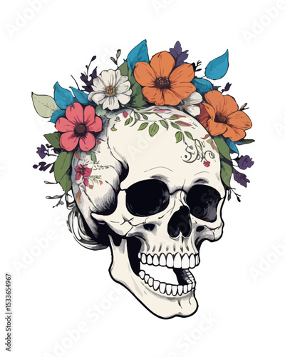 Vibrant Floral Skull Artwork A Stunning Design Featuring a Detailed Skull Adorned with a Colorful Flower Crown Perfect for Tattoo Designs or Gothic Art Prints