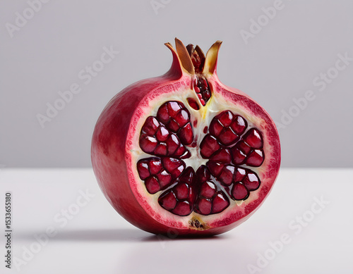 A red pomegranate cracked open showing the seeds inside, isolated on clean background, sharp detail