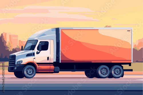 Sleek truck cruising along an open highway under colorful sunset sky