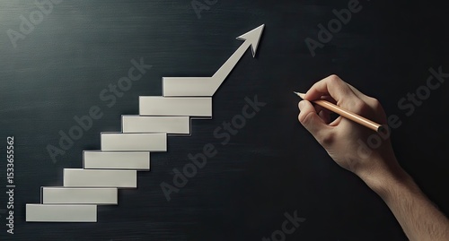 Paper steps upward, hand with pencil