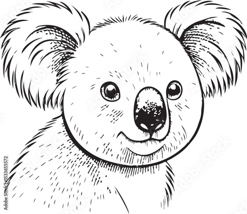Cute Koala Vector Illustration, Sketch Drawing Line Linear Symbol Icon Engraving Coloring Book, Hand-drawn Black and White Isolated
