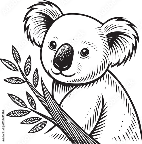 Cute Koala Vector Illustration, Sketch Drawing Line Linear Symbol Icon Engraving Coloring Book, Hand-drawn Black and White Isolated