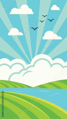 Scenic landscape illustration featuring clouds birds and sunshine on a bright sky