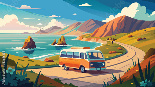 Scenic road trip illustration featuring a vintage bus traveling through a coastal landscape