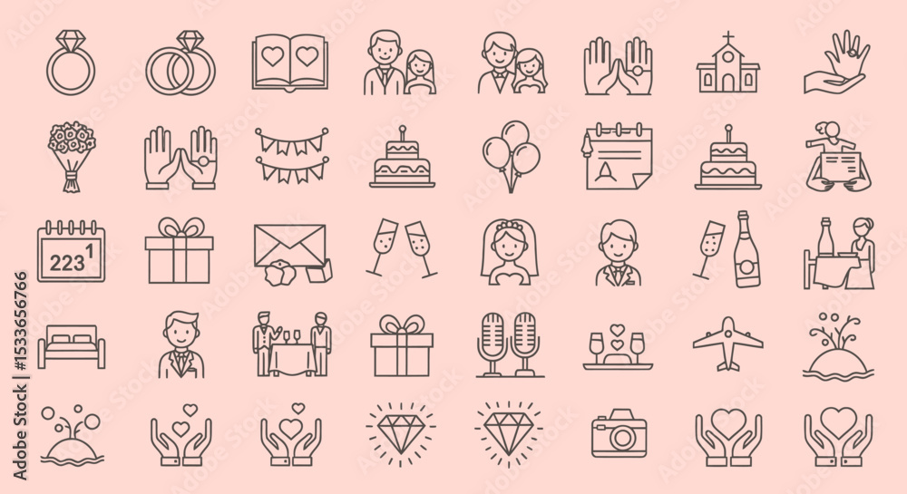 Fototapeta premium Collection of Line Art Wedding Icons and Symbols