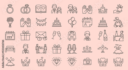 Collection of Line Art Wedding Icons and Symbols