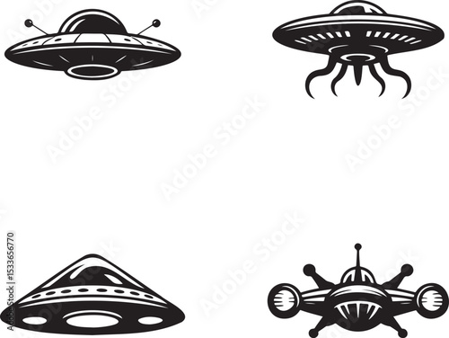 Alien spaceship silhouette set vector illustration isolated On Transparent Background