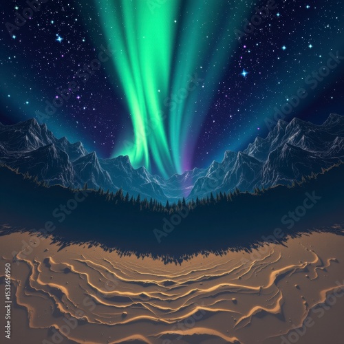 Pixel Art Aurora Borealis Over Dark Mountains
