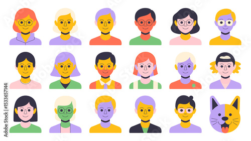 Diverse group of stylized people and a cat head with transparent background