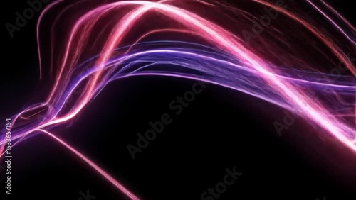 Flowing curves of pink and purple light lines swirl in dynamic motion against black space. Abstract wave concept
