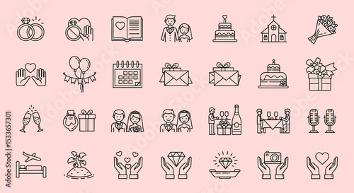 Collection of Line Art Wedding Icons and Symbols