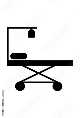 Medical stretcher icon for patient transport and care.
Simple graphic of a hospital gurney with IV pole.
