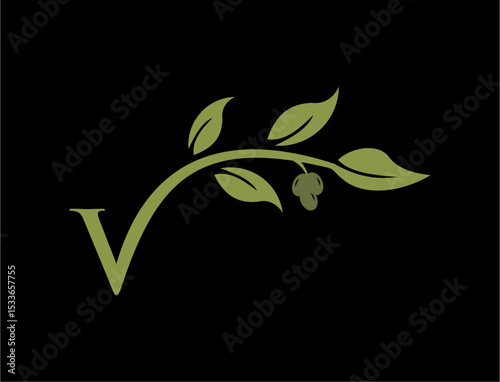 Green letter v with leaves and olive