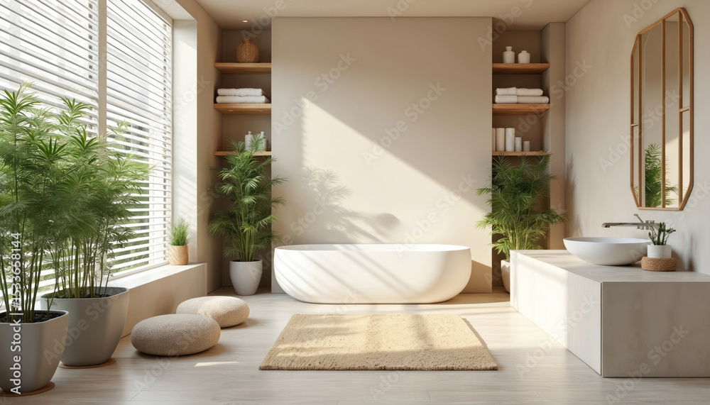 Fototapeta premium Zen bathroom interior design concept. Beige tones create relaxing atmosphere. Big white bathtub, wooden shelves with towels, bamboo plants, natural light, beige carpet. Modern spa, minimalist design.