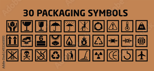 30 Packaging Symbols. Fragile signs set. Common packaging symbol. Cardboards shipping logistics, product labeling. Marking the box or packaging of products.  Common packaging, warning symbol set.
